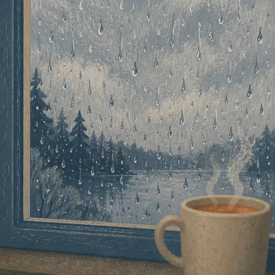 Rainy Window View with Warm Mug