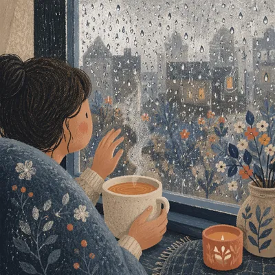 Rainy Window Mug Reflection in Cozy Room