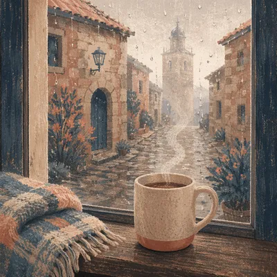 Cozy Rainy Window with Steaming Mug