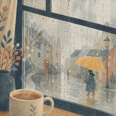 Cozy Rainy Window With Steaming Mug
