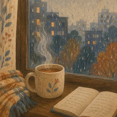 Cozy Rainy Window with Steaming Mug