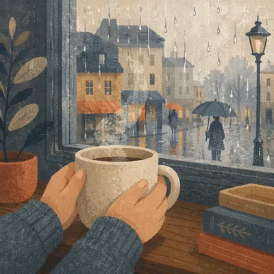 Cozy Rainy Window Morning With Hot Mug