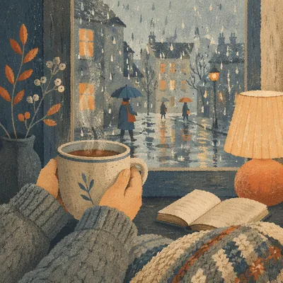 Cozy Rainy Window View With Hot Mug