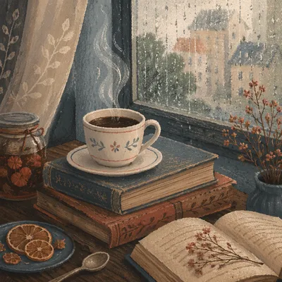 Cozy Rainy Window Tea and Books