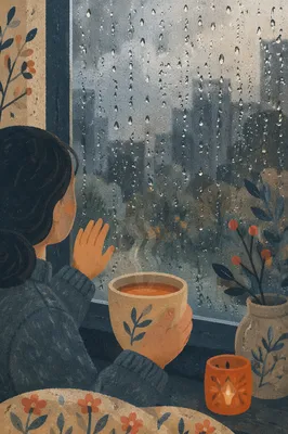 Rainy Window Reflection with Warm Mug