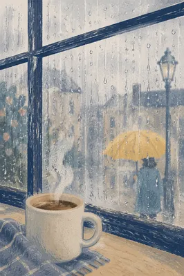 Cozy Rainy Window with Steaming Mug