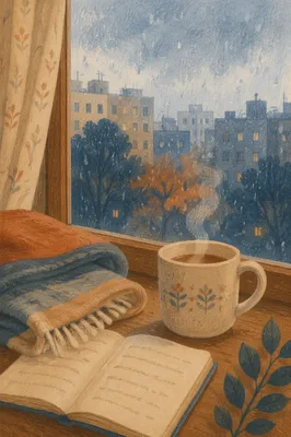 Cozy Rainy Window with Steaming Mug