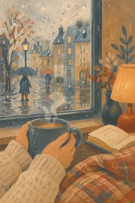 Cozy Rainy Window View With Warm Mug