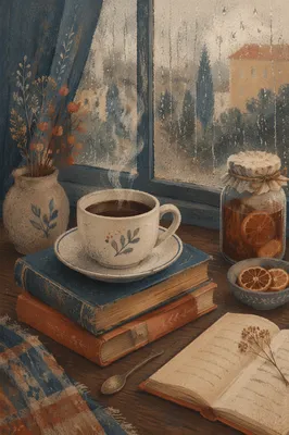 Cozy Rainy Window Scene with Hot Drink