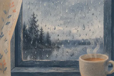 Cozy Rainy Window with Steaming Mug