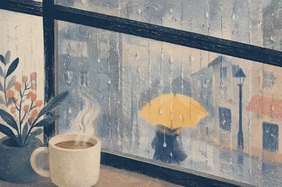 Cozy Rainy Window with Steaming Mug