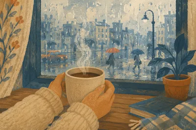 Cozy Rainy Window Morning With Hot Mug