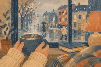Cozy Rainy Window View With Warm Mug