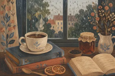 Cozy Rainy Window Scene with Hot Drink