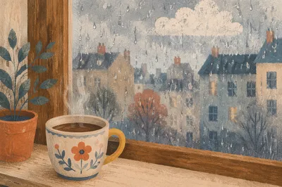 Cozy Rainy Window View with Hot Drink