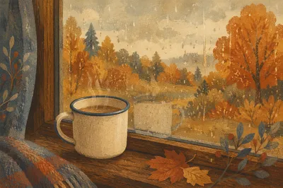 Cozy Rainy Window View With Hot Mug