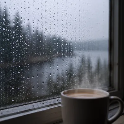 Cozy Rainy Window with Steaming Mug