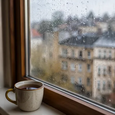 Cozy Rainy Window View with Hot Drink