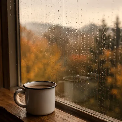 Cozy Rainy Window View with Hot Mug