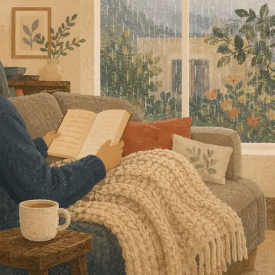 Cozy Rainy Afternoon Reading on Sofa