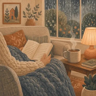 Cozy Rainy Afternoon Reading on Sofa