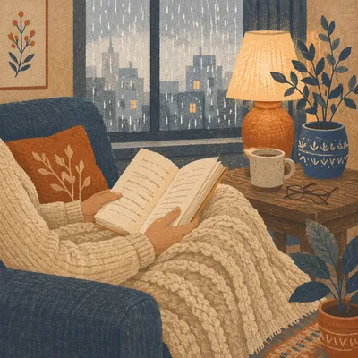 Cozy Rainy Afternoon Reading on Sofa