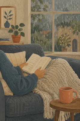 Cozy Rainy Afternoon Reading on Sofa