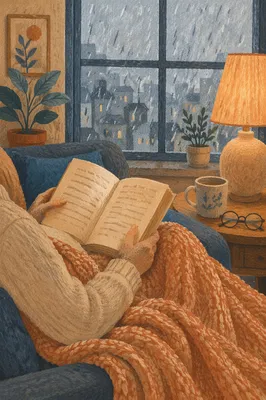 Cozy Rainy Afternoon Reading on Sofa