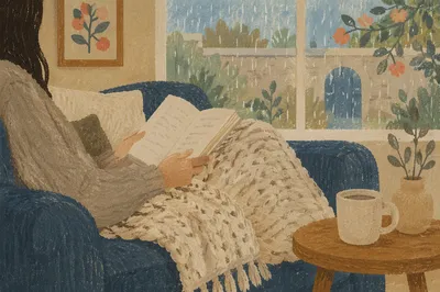 Cozy Rainy Afternoon Reading on Sofa