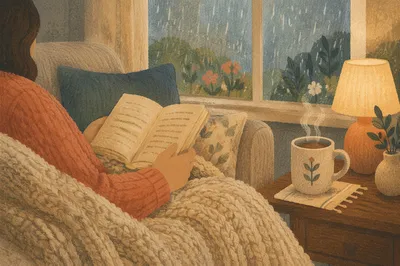 Cozy Rainy Afternoon Reading on Sofa