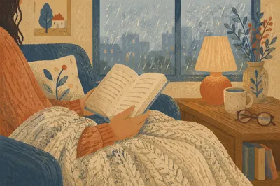 Cozy Rainy Afternoon Reading on Sofa