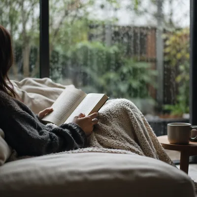 Cozy Rainy Afternoon Reading on Sofa