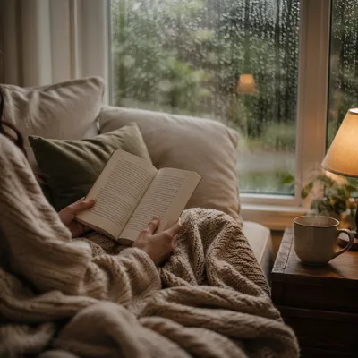 Cozy Rainy Afternoon Reading on Sofa
