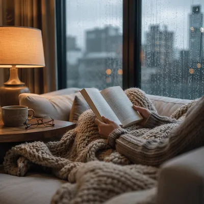 Cozy Rainy Afternoon Reading on Sofa