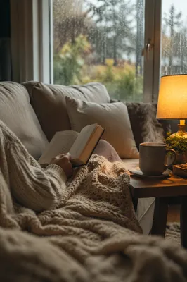 Cozy Rainy Afternoon Reading on Sofa