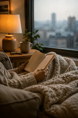 Cozy Rainy Afternoon Reading on Sofa
