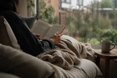 Cozy Rainy Afternoon Reading on Sofa