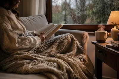 Cozy Rainy Afternoon Reading on Sofa