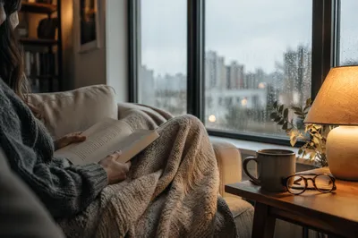 Cozy Rainy Afternoon Reading on Sofa