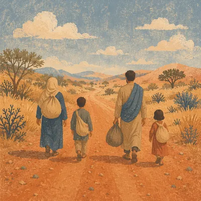 Refugee Family on Dusty Rural Road