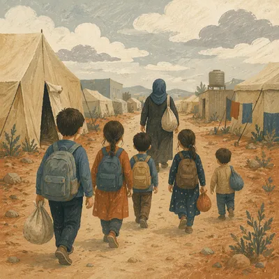 Refugee Family on Dusty Shelter Road