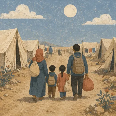 Refugee Family Walking Through Dusty Shelter Camp