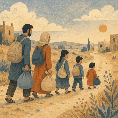 Refugee Family Walking a Dusty Rural Road