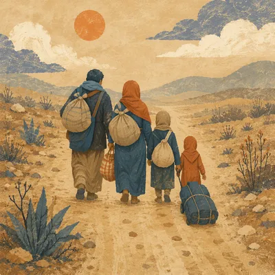 Displaced Family Walking Dusty Rural Road