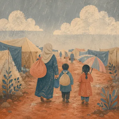 Refugee Family on Dusty Settlement Road