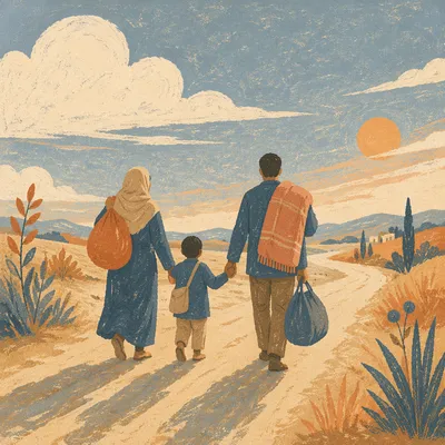 Refugee Family Walking a Dusty Rural Road
