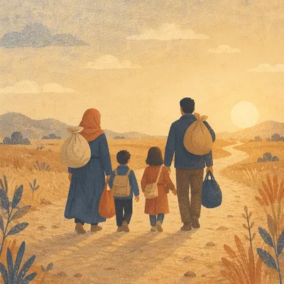 Refugee Family Walking Dusty Morning Road