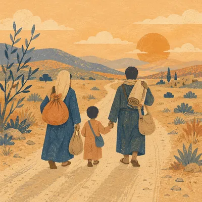Refugee Family Walking Dusty Country Road