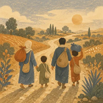 Refugee Family on Dusty Morning Road