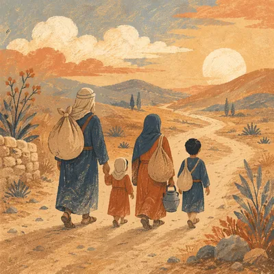 Refugee Family on Dusty Road at Sunset
